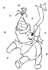 Winnie the Pooh has a party hat on his head and a pendulum in his leg. He looks very happy and he makes a dancing motion. The air is confetti.